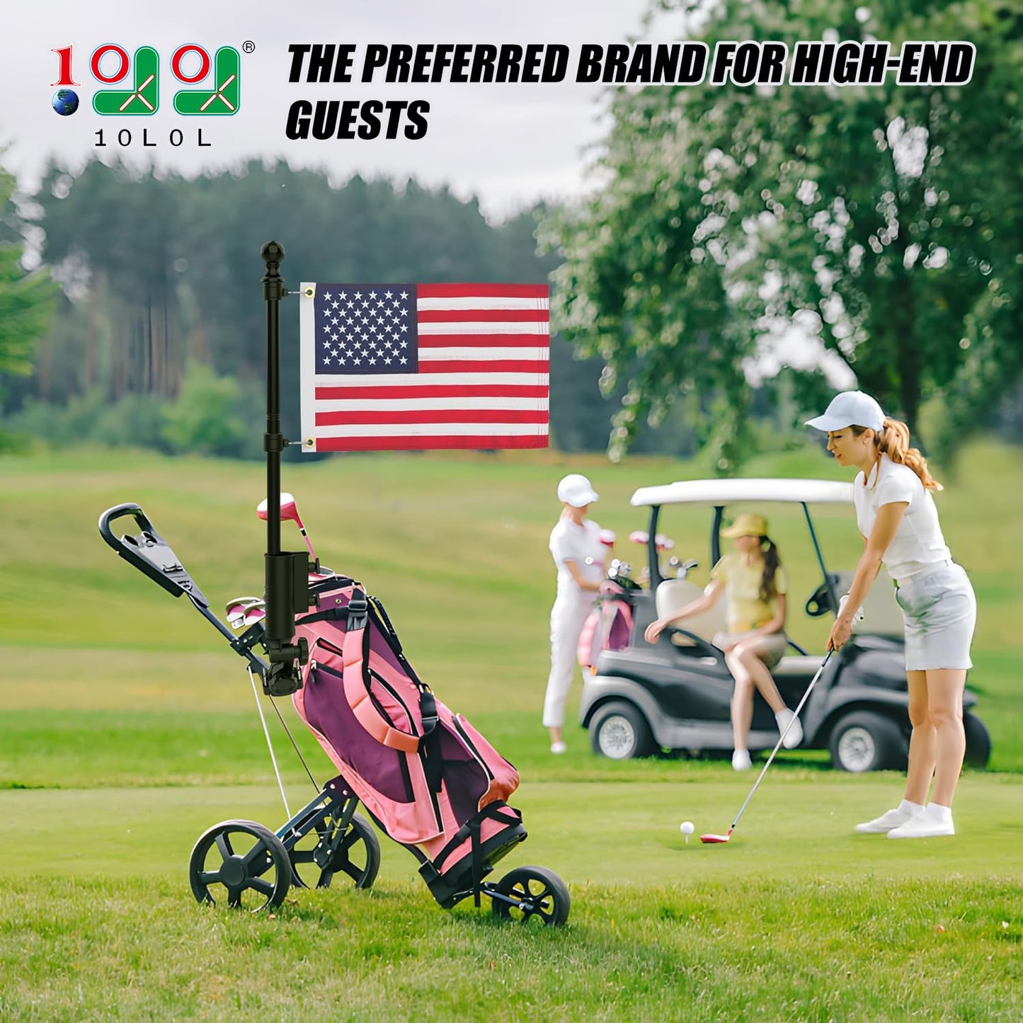 10L0L Golf Push Cart Umbrella Holder - 180 Degree Rotating Flag Mount for Golf Carts, Universal Adjustable Clamp for Yamaha/EZGO/Club Car, Includes USA Flag (Heavy Duty)