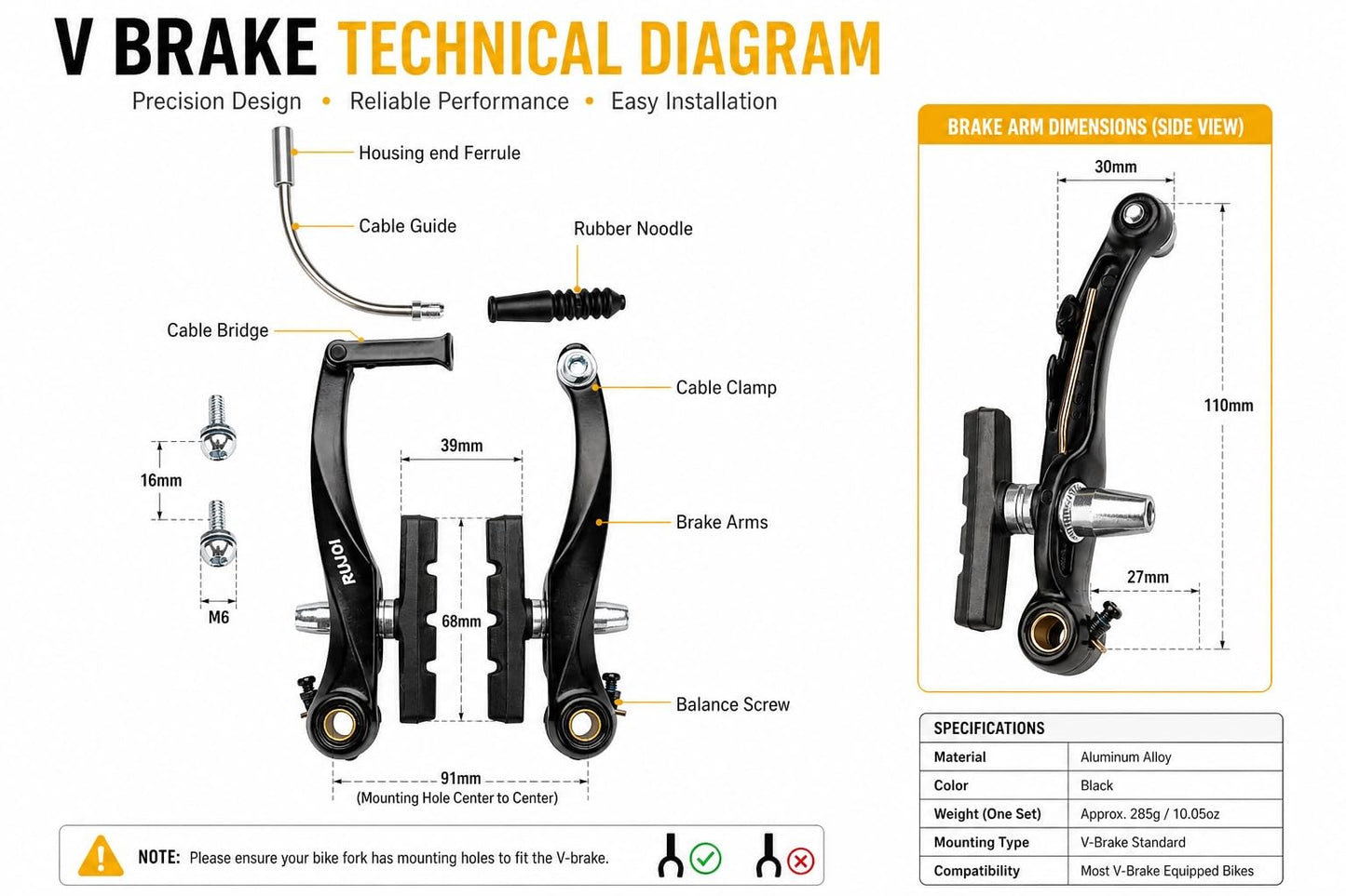RUJOI Bike V-Brake Set, Aluminum Alloy 110 mm Arms, Front & Rear Calipers with 4 V-Brake Pads and Mounting Bolts, Universal Fit for MTB/BMX/Road, Black