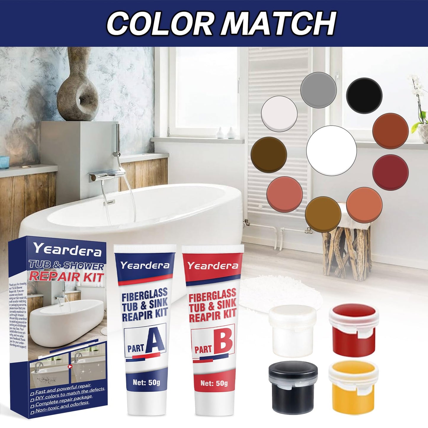 Yeardera Tub Repair Kit, Shower Repair Kit, Super Strong and Waterproof Fiberglass Tub Repair Kit, Sink Repaik Kit for Tub, Tile, Sink, Ceramic, Scratches, Cracks, Chips, Holes on Porcelain and More
