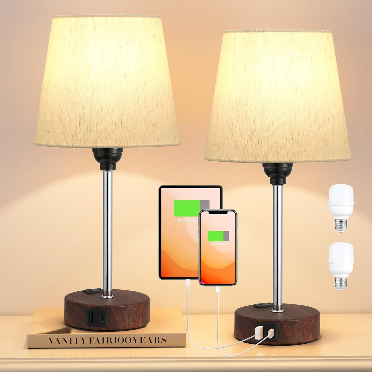 Set of 2 Mini Bedside Lamps with USB-C & AC Outlet - Dimmable Touch Nightstand Lights for Bedrooms