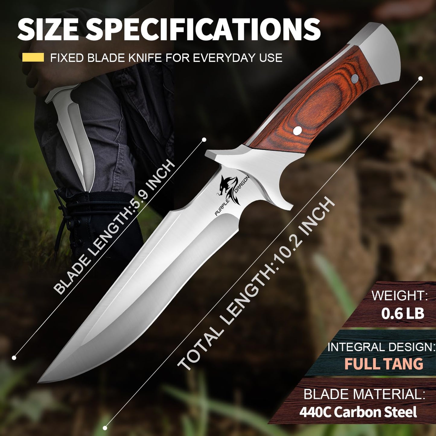 Purple Dragon Camping Fixed Blade Knife with Sheath-6 Inch Outdoor Knife-Full Tang 440C Steel Bushcraft Knife with Redwood Handle-Outdoor Gear Christmas Gift for Men and Women
