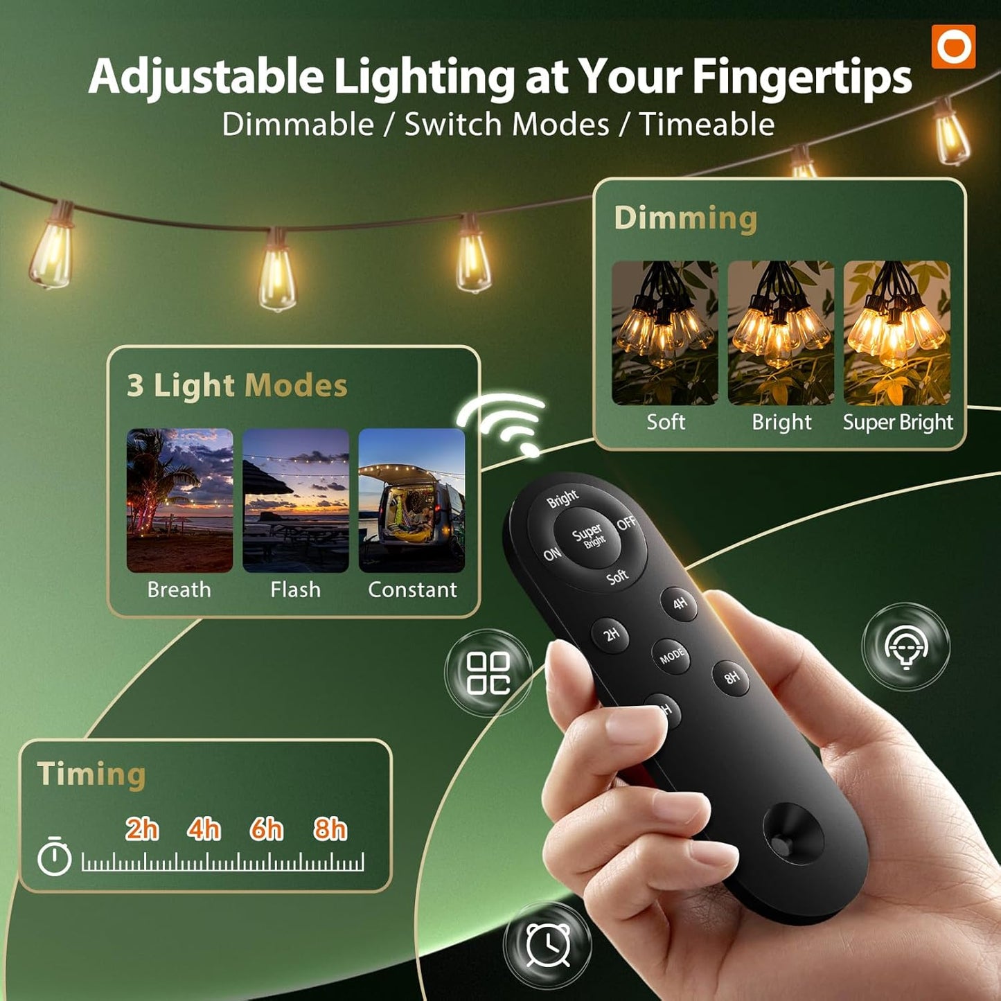 Solar String Lights Outdoor 102FT - 30+2 Waterproof LED Bulbs, Remote Control, Dimmable, 3 Modes for Patio & Garden