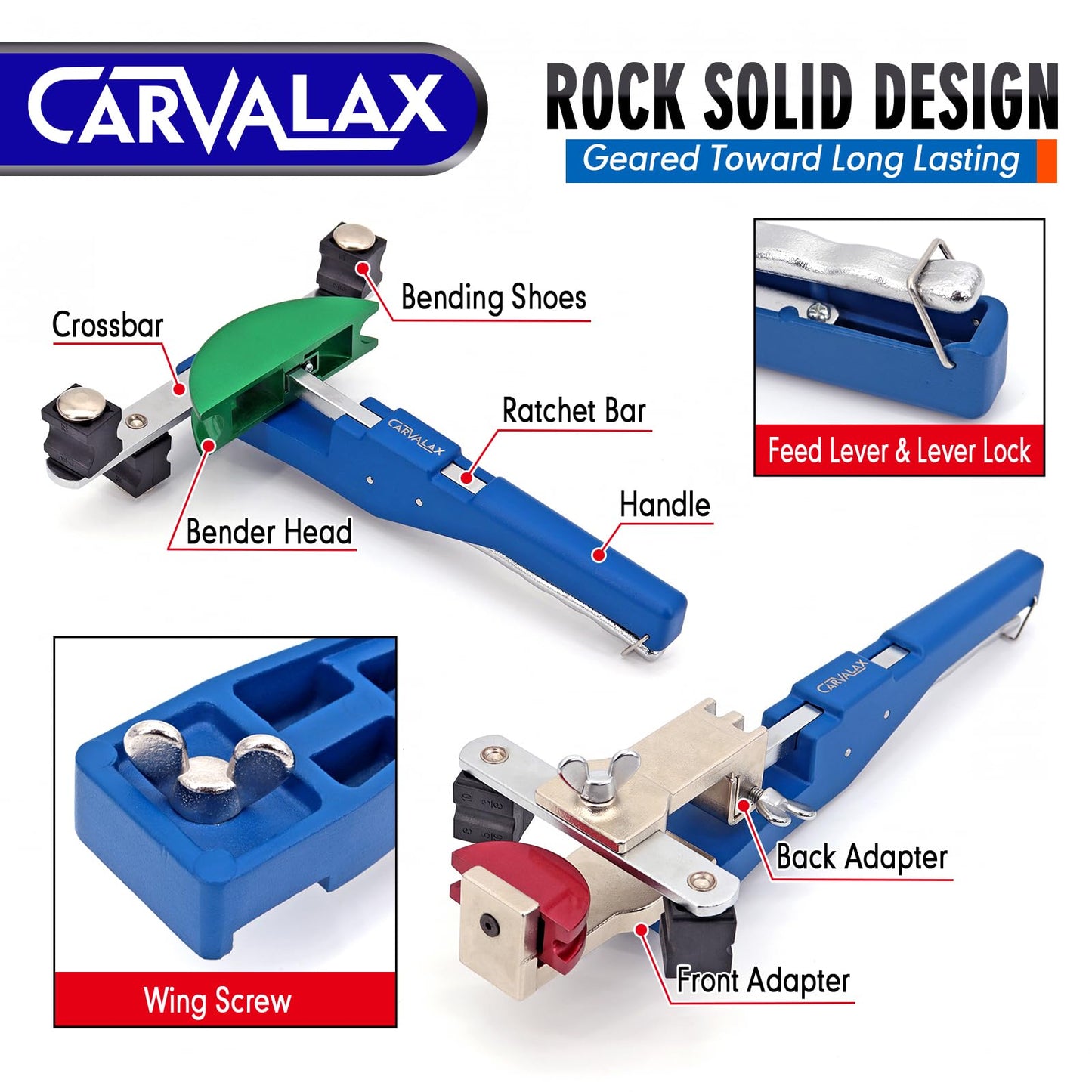 CARVALAX 90° Ratcheting Tube Bender Kit - 7 Color-Coded Aluminum Heads for 1/4" to 7/8" Pipes, Reverse-Bend Adapters & Portable Toolbox, Tube Cutter & Deburring for HVAC/Hydraulic Projects (Blue）