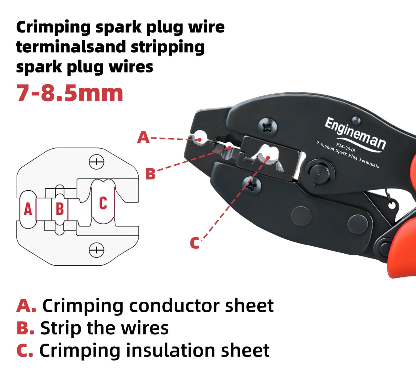 ENGINEMAN Spark Plug Wire Crimper, Crimping Pliers for Spark Plug Stripping Tool, EM-2048 for Crimping and Stripping Spark Plug Wire, Dia 7.0-8.5mm, Ratchet spark plug wire crimping tool