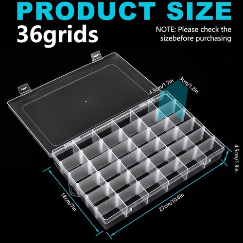 Clear Visible Plastic Storage Box by [Brand Name] - 2 Pcs Rectangular Organizer for Beads, Jewelry & Crafts | 36 Grids with Label Stickers