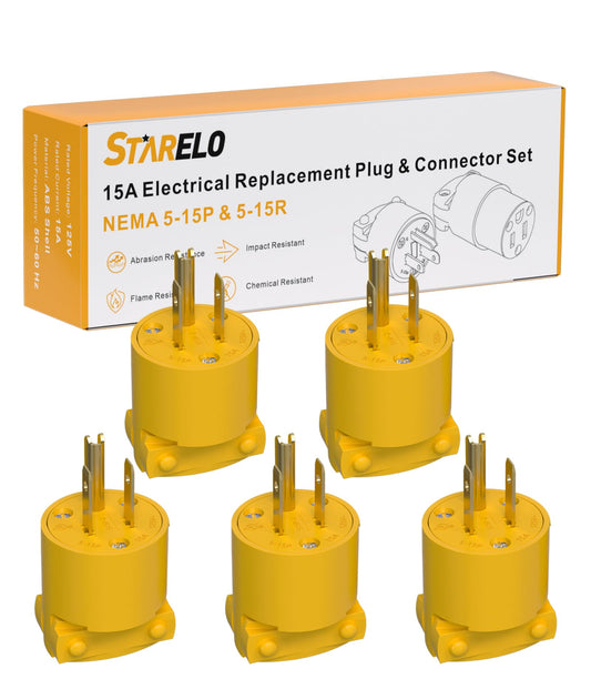 STARELO 5PCS Electrical Replacement Plug Extension Cord Ends Yellow Shell 125V 15A 2Pole 3Wire NEMA 5-15P 3-Prong Straight Blade Grounding Type UL Listed(Male).