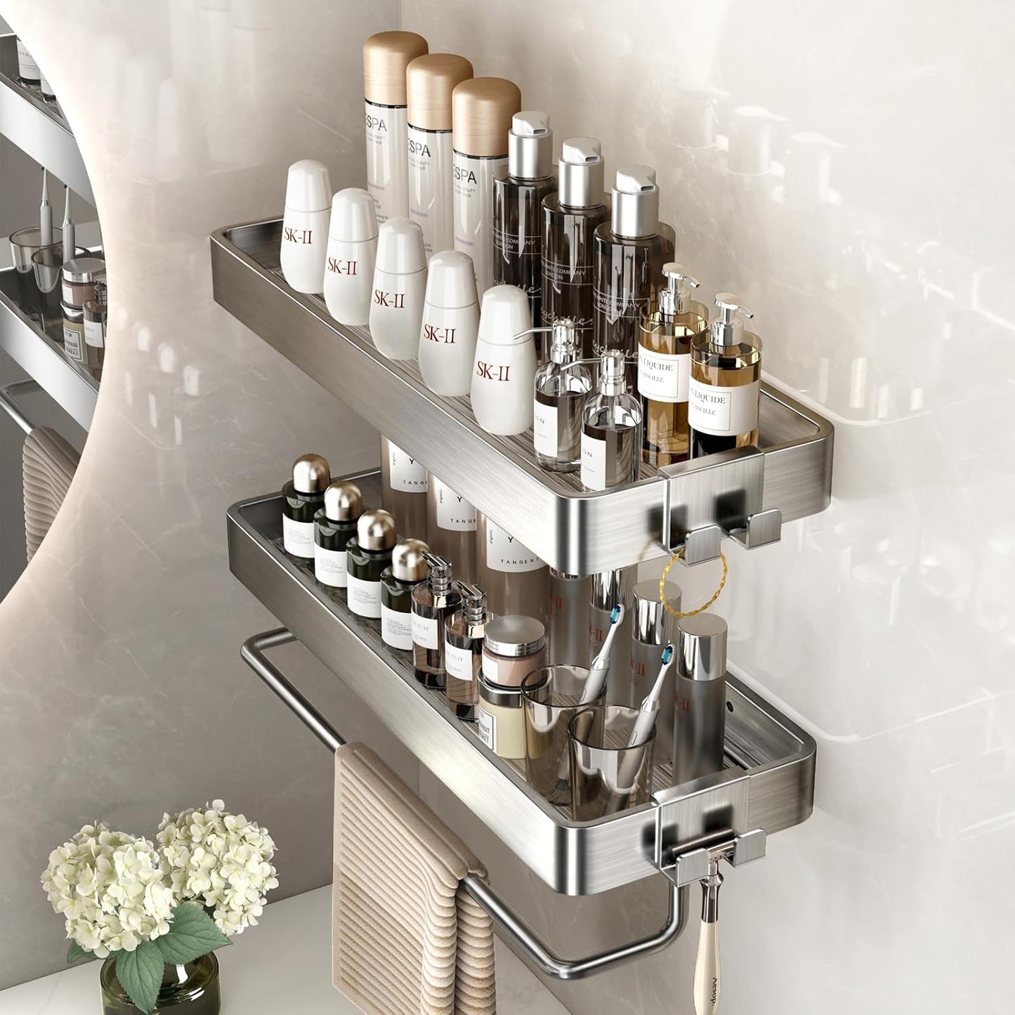 Wall Mounted Glass Bathroom Shelves - 2-Tier Floating Organizer in Black