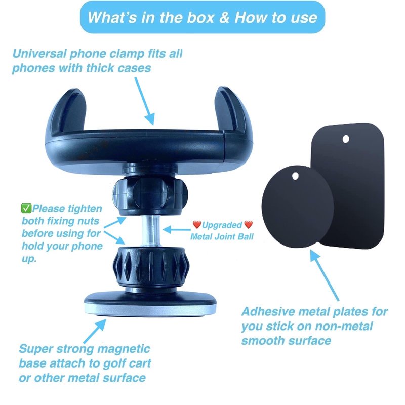 ARMOLABX Magnetic Phone Holder Mount for Golf Cart [Upgraded Metal Joint], Magnetic Golf Cart Phone Holder [Big Phones & Thick Cases Friendly] Compatible with All Phones