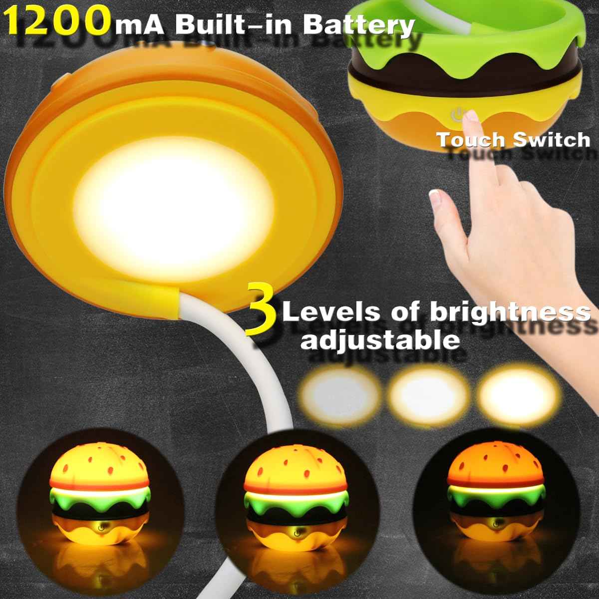 Cute Desk Lamp for Kids, Rechargeable Hamburger Small Desk Lamps with Adjustable Neck Dimmable Touch Switch, Nursery Night Lights, Kawaii Desk Accessories, Kawaii Room Decor for Boys Girls Gifts