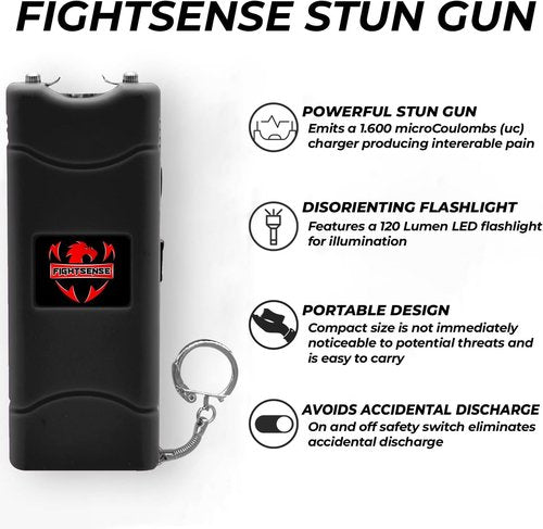 FIGHTSENSE Super Heavy Duty Stun Gun - Rechargeable Self-Defense Device with Flashlight & Nylon Holster