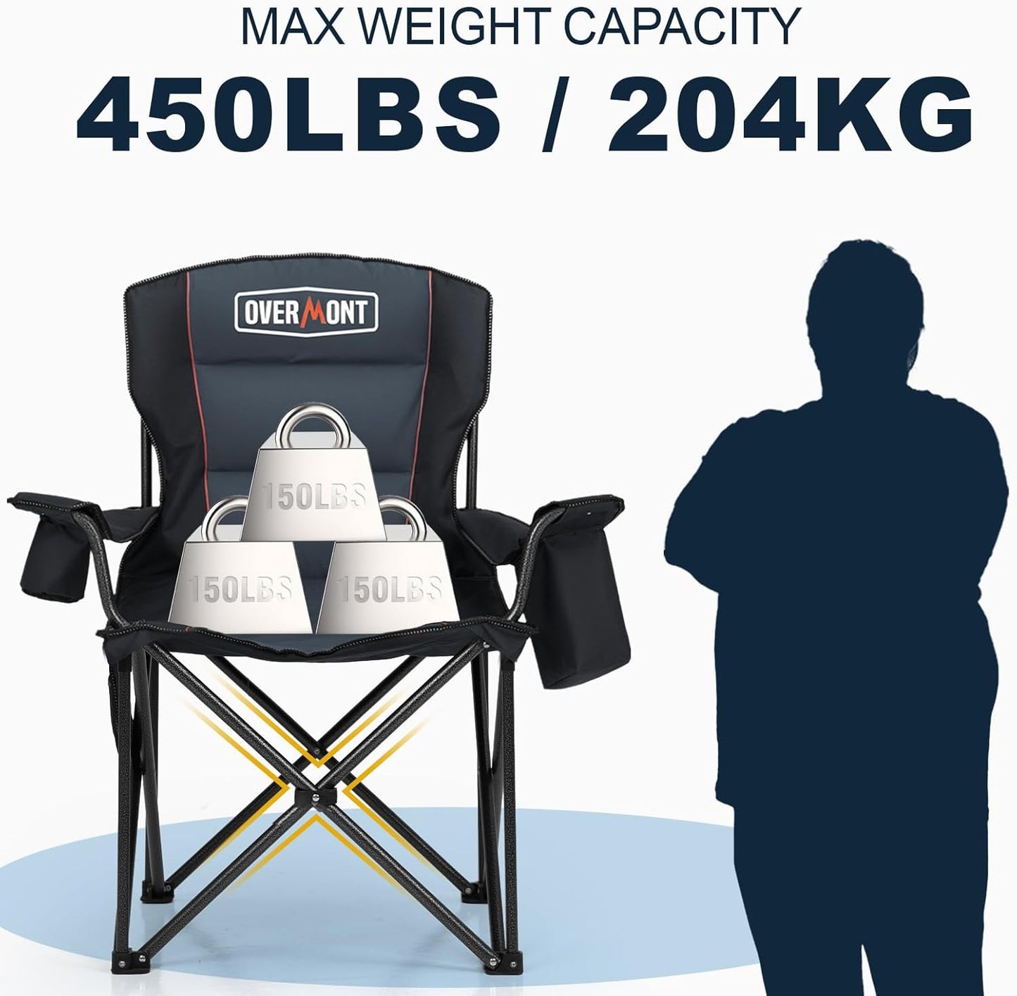 Overmont Oversized Camping Chair - 450lbs Capacity with Padded Cushion & Cooler Pockets | Heavy-Duty Collapsible Design