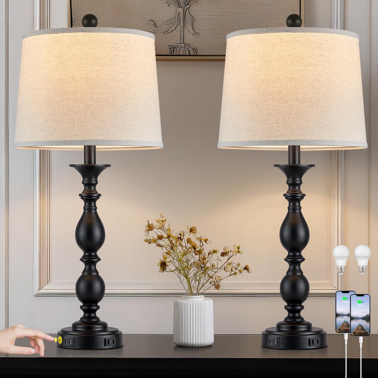 MOUVOVO 28" Tall Modern Table Lamps Set of 2 with USB C+A Ports and AC Outlet, 3 Way Touch Metal Bedside Lamps for Living Room, Black Farmhouse Nightstand Lamps for Bedroom