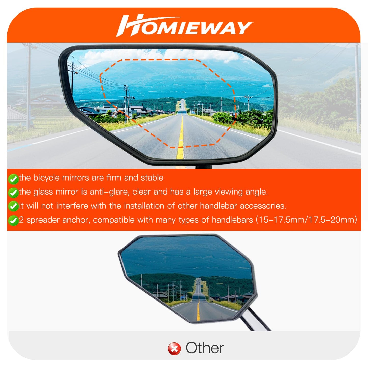 Homieway Bike Mirror, Bicycle Mirror for Handlebar Mount, Scratch Resistant Glass Lens Large Bar End Bike Rear View Mirror for E-bike, Mountain Bike, City Bikes & Scooter (Left 0.59-0.78")