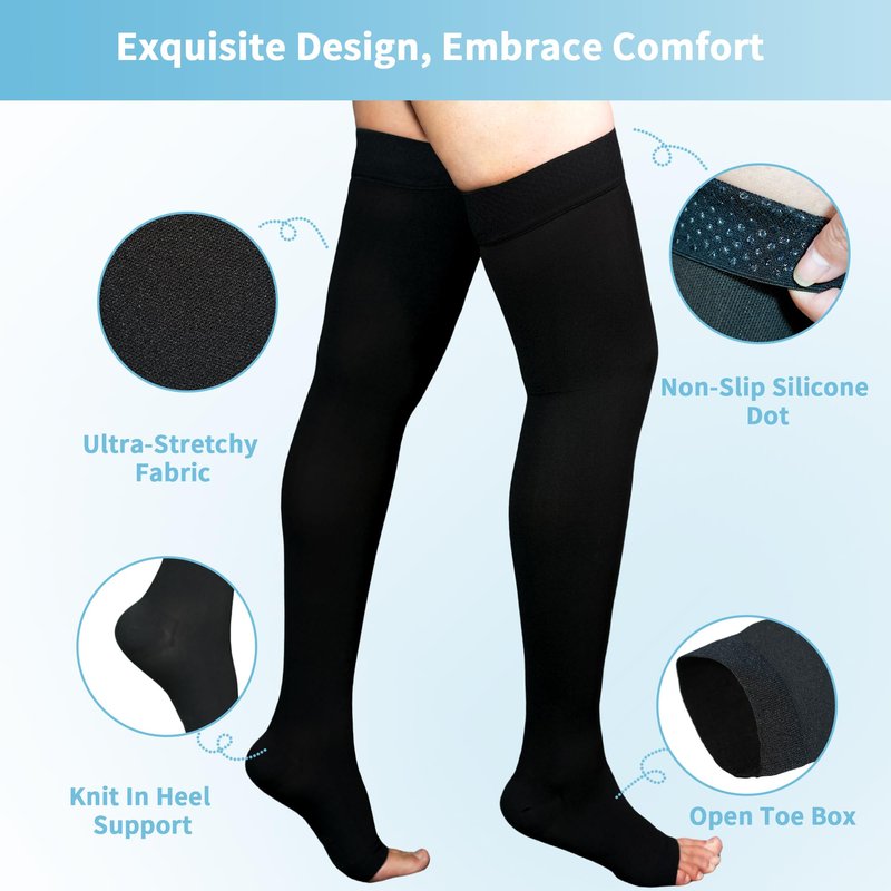 20-30 mmHg Compression Stockings for Women & Men, Thigh High Compression Socks Open Toe, Silicone Dot Band (Black, Large)