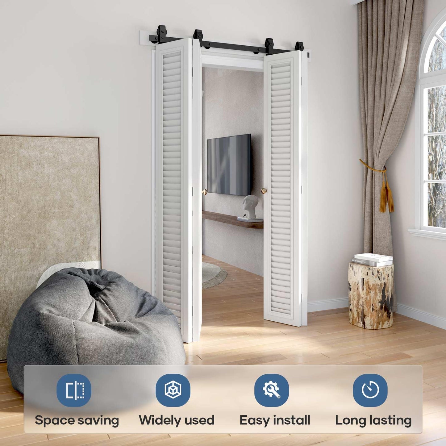 EaseLife 52" Bifold Sliding Barn Door Hardware Track Kit for 4 Closet Door,Top Mount Roller,Slide Smoothly Quietly,Easy Install,Black,Fit for Four 12" Wide Bi-Folding Door (Hardware Only)