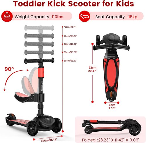 KickScooter 2-in-1 Adjustable Kids Scooter - 5-Level Handlebar, Removable Seat, LED Wheels | Foldable Design for Ages 3-12