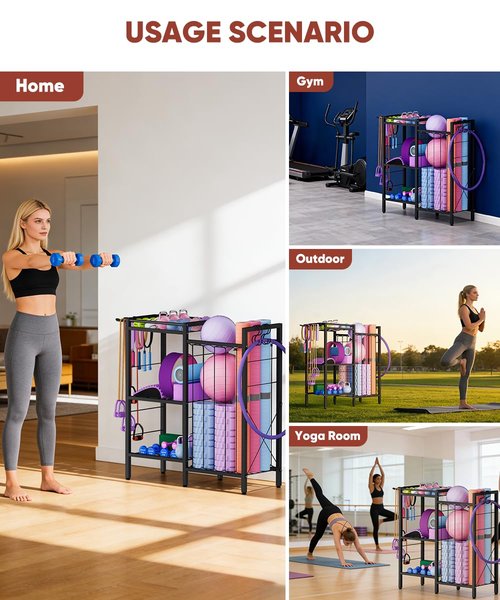 Fiwithy 3 Tiers Dumbbells Yoga Mat Storage Rack with Elastic Straps for Kettlebells Foam Roller Resistance Bands Balls, Workout Equipment Organizer Weight Storage Holder with Hooks for Home Gym, Black
