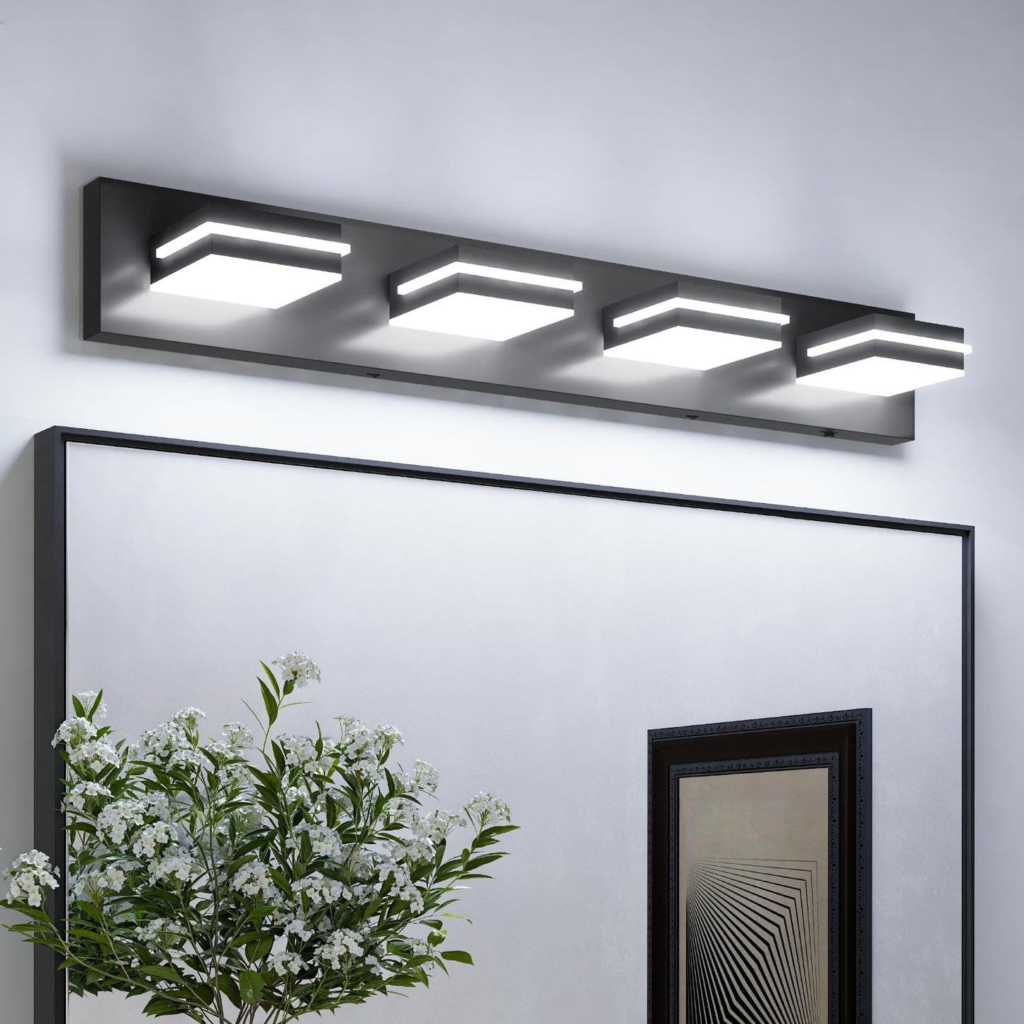 VOLISUN 4 Light Bathroom Vanity Light Fixtures,30 inch Black LED Bathroom Lighting Fixtures Over Mirror, 360°Rotatable Head, LED Vanity Lights for Bathrooms (6000K)