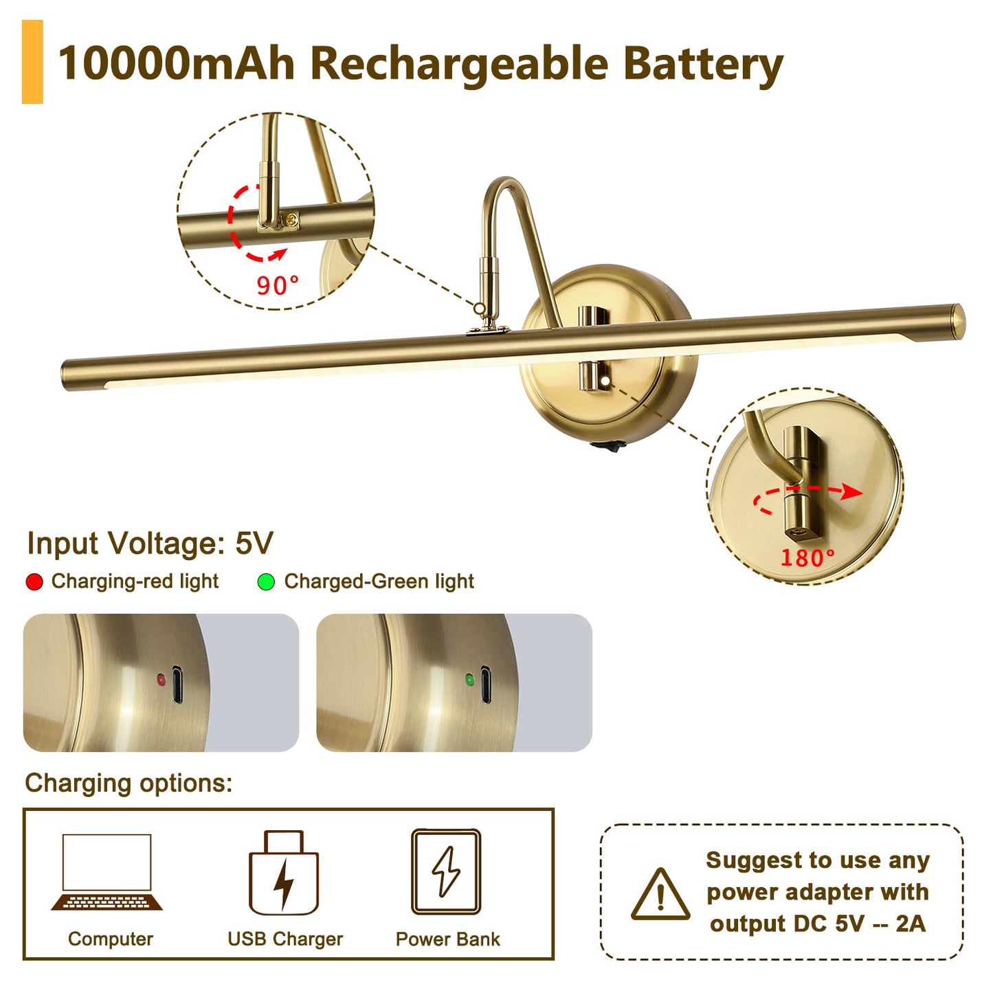 JOOSENLUX Battery Operated Picture Lights Modern Wireless Wall Lights 24.4" Inch Dimmable Under Counter Lights for Kitchen with Swing Arm as Canvas Wall Sconce Light Brass 3000K CRI95+