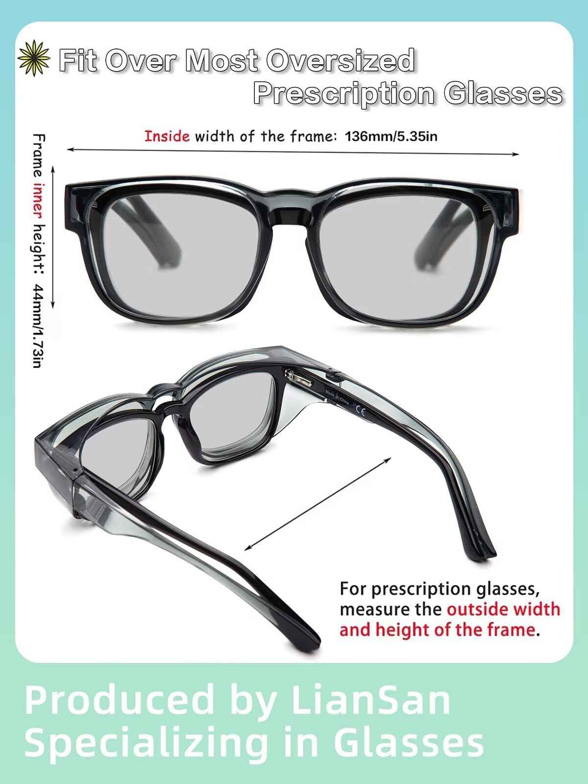 LianSan Photochromic Safety Glasses Over Eyeglasses for Men&Women - Fit Over Glasses with UV400&Scratch Resistant Lenses ANSI Z87(Grey,Light Grey Lens)