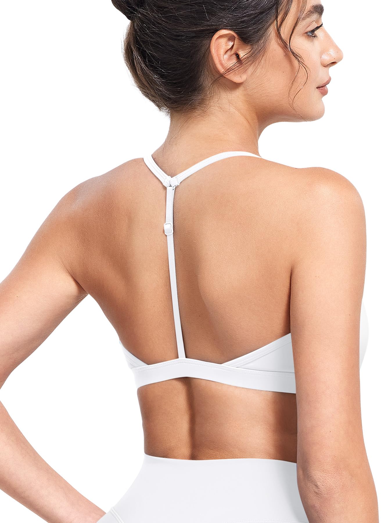 YEOREO CoreFlex Sports Bras for Women Strappy Padded Halter Open Back Light Impact Deep V Neck Yoga Workout Gym Tops White S
