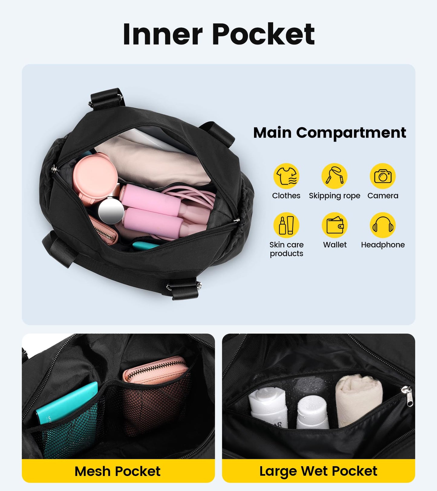 Vorspack Mini Gym Bag, Duffel Bag with Wet Pocket for Yoga Travel, Black