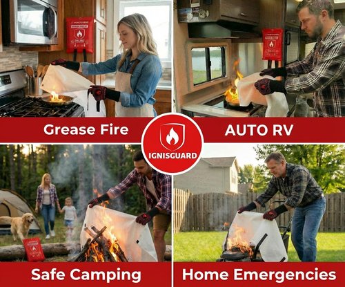 IGNISGUARD Fire Blankets 4 Pack, 40x40in with 1 Pair Fire Resistant Gloves & 4 Hooks, Fiberglass Fire Blankets Emergency for Home and Kitchen, Suppressant for Grease & Electrical Fires, RV, Camping