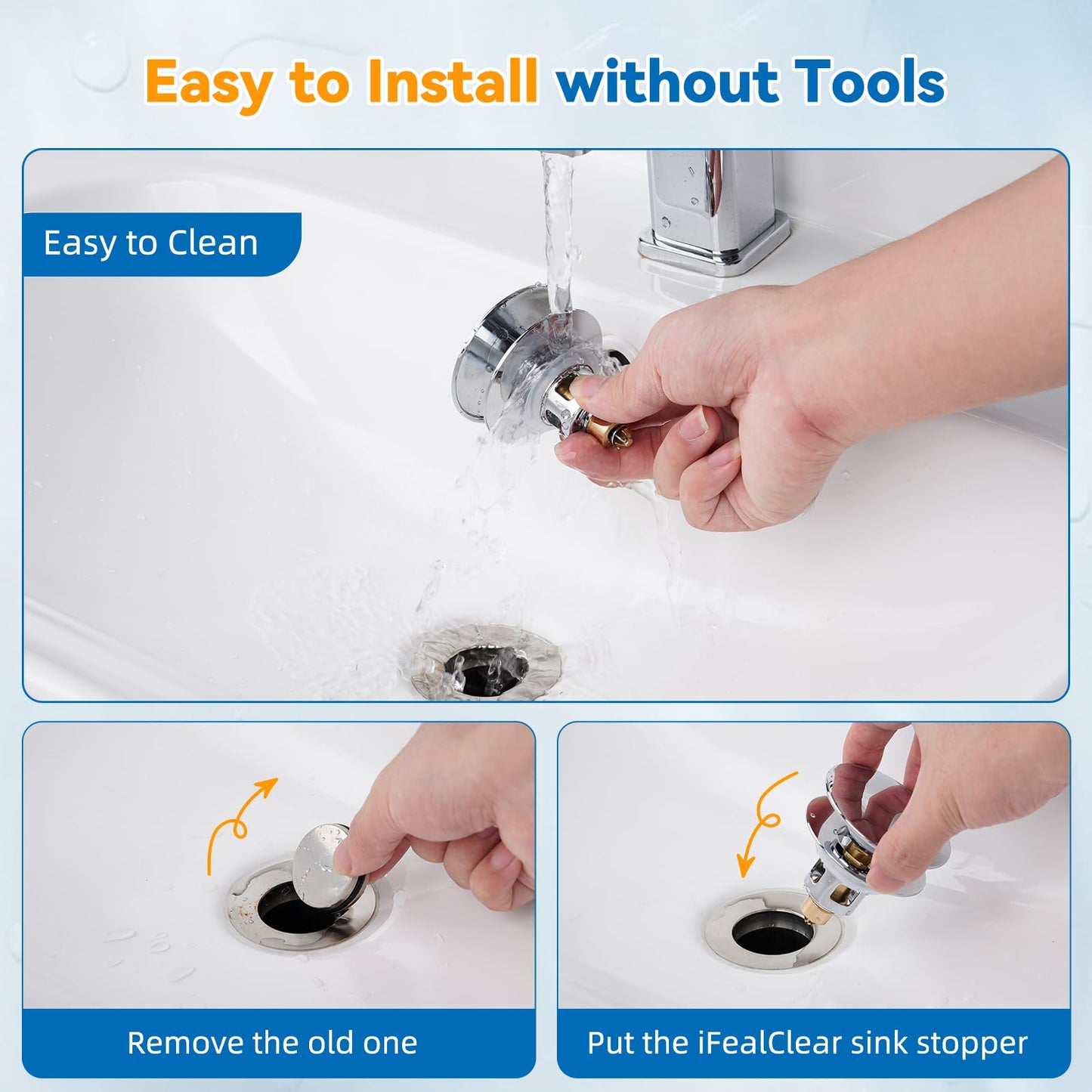 iFealClear Universal Bathroom Sink Stopper, Metal Pop Up Sink Drain Strainer with Detachable Hair Catcher, Fits 1.1"-2.36" US Basin, Wash Basin Drain Plug with Big Cover Cap, Brass Bounce Core, Chrome