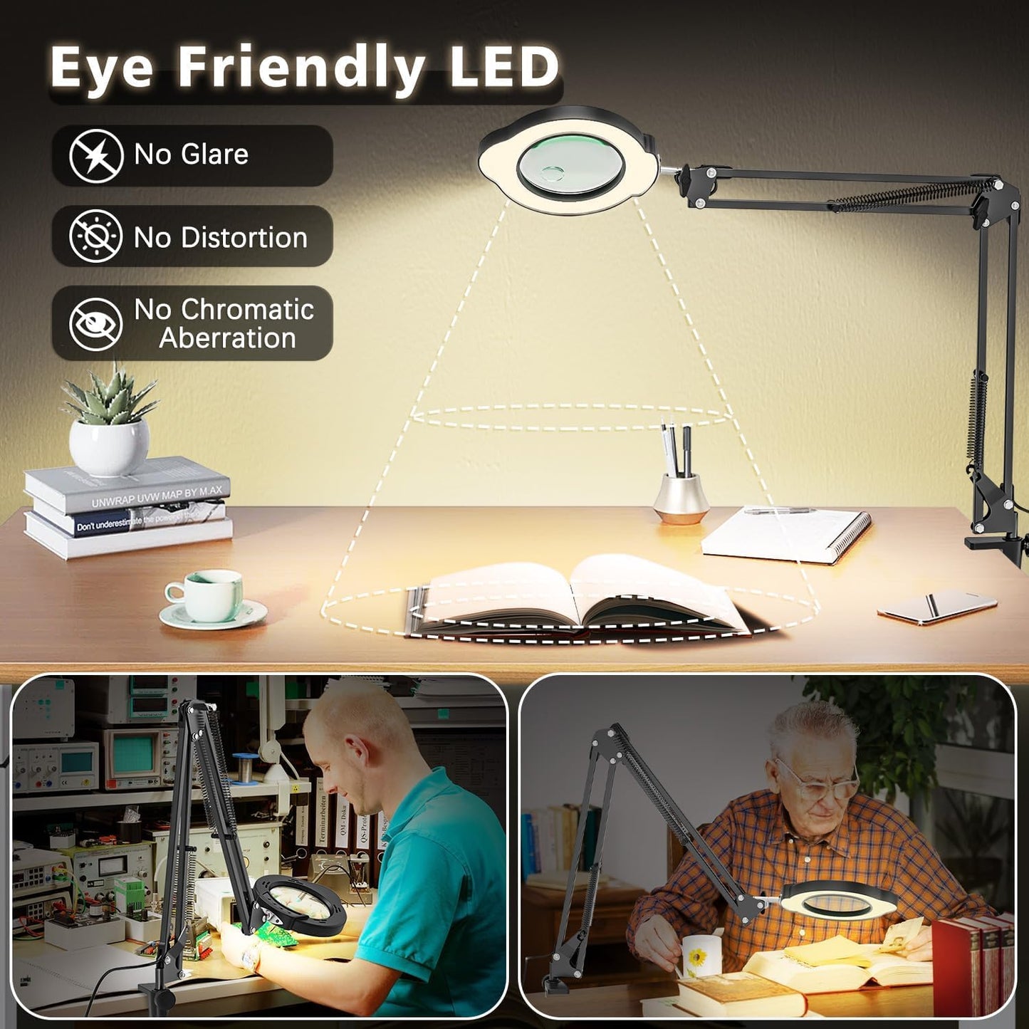 Magnifying Glass with Light and Clamp, 15X 10X Desk Magnifying Lamp, 84 LED Real Glass Lens Magnifier, 5 Color Modes Stepless Dimmable, Adjustable Hands Free Table Lamp for Repair Crafts Hobby Sewing