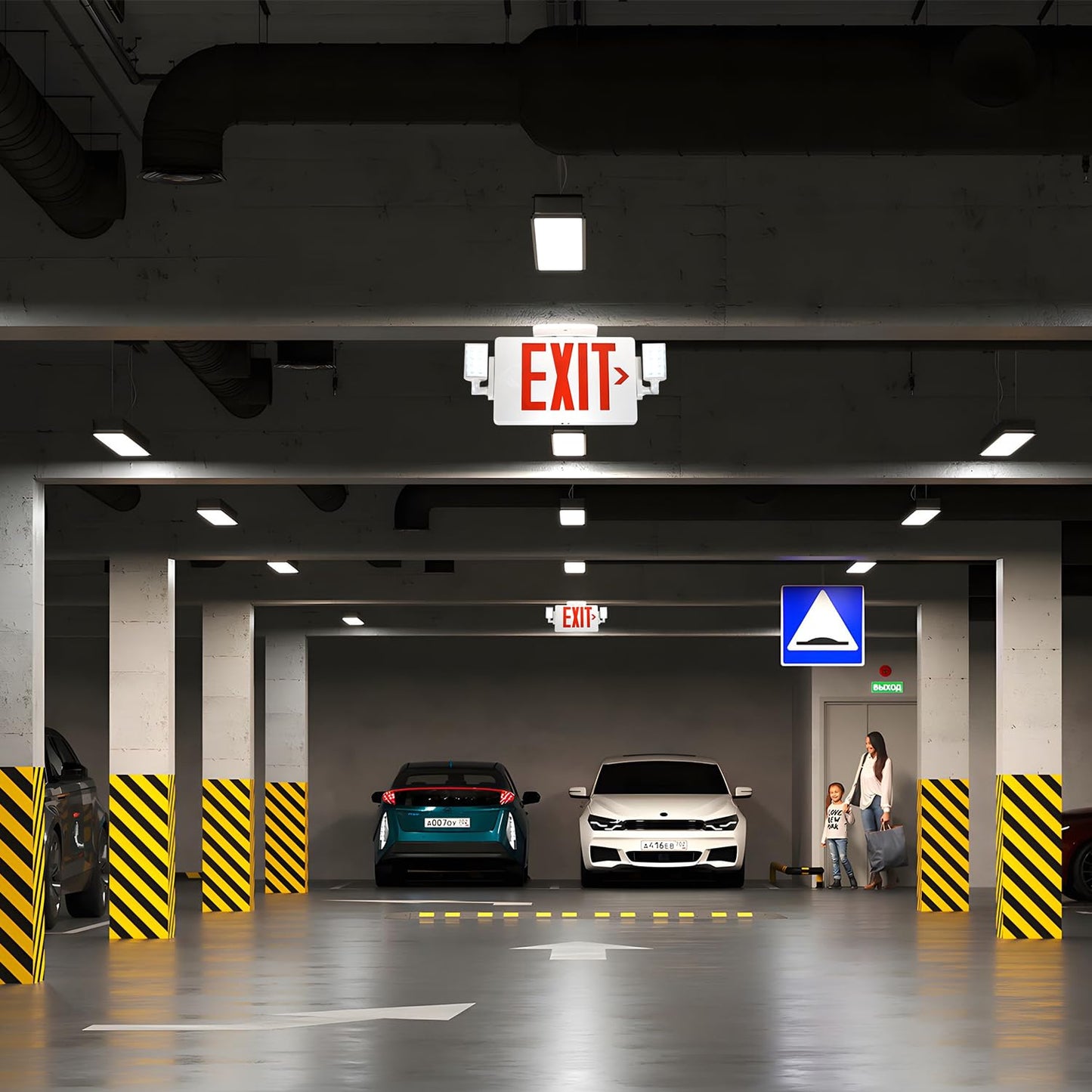 Gruenlich Exit Sign with Emergency Light, Double Face, Battery Backup