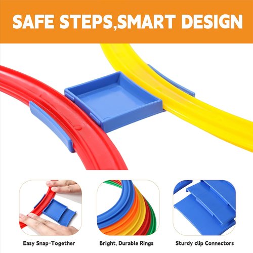 Hopscotch Rings - 10 Round Hoops (11-Inch) + 15 Connectors | Agility Rings for Kids, Build Motor Skills