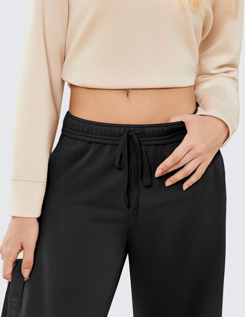 PINSPARK Straight Leg Sweatpants for Women High Rise Elastic Waist Casual Pants Warm Midweight Stretch Classic Stylish Sweat Pant with Pockets and Drawstring Medium, Black