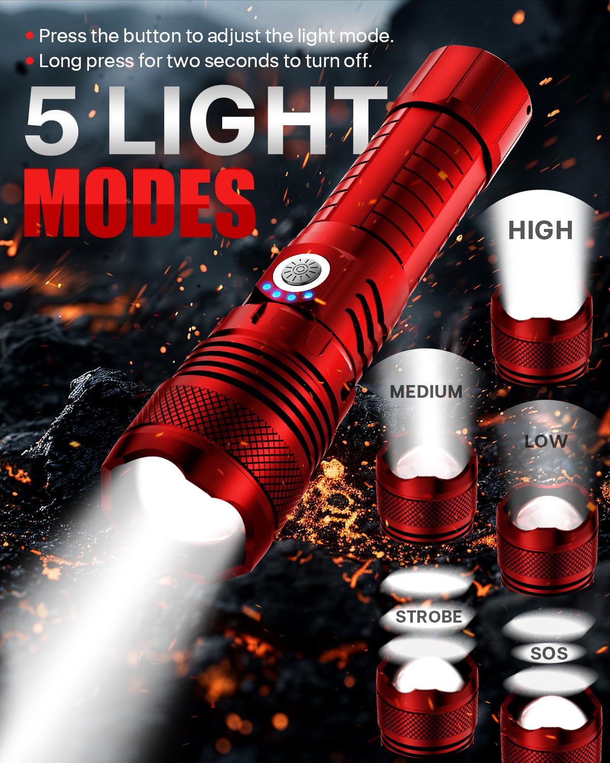 Victoper Red LED Flashlights, High Powered High Lumens Super Bright Tactical Flashlight, Rechargeable, 5 Modes Zoomable Waterproof Flash Lights for Emergency, Outdoor, Home, Camping, Hiking