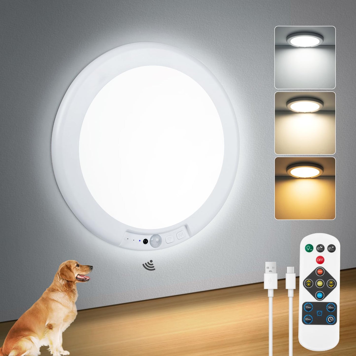 Aggforbl Battery Powered Ceiling Light with Remote, 7.48" Rechargeable Shower Light Waterproof, Wireless Motion Sensor Ceiling Lights Indoor 3000K/4500K/6500K Dimmable for Bathroom Living Room Closet