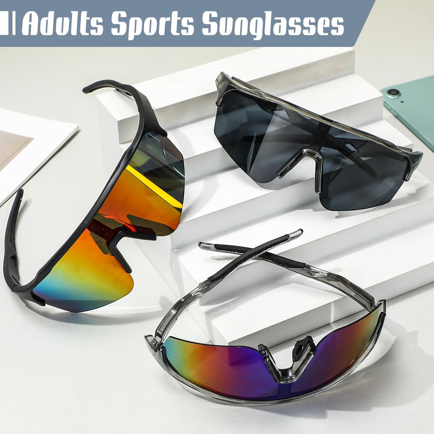 JATEBI 3 Pack Baseball Sunglasses for Men - UV400 Protection Mens Sunglasses Lightweight Wrap Around Sun Glasses for Running, Cycling, Sports, Fishing