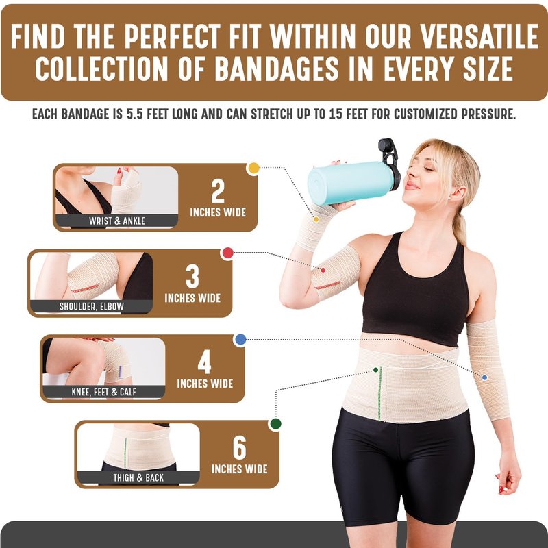 Premium Elastic Bandage Wrap (4” Wide, 6 Pack) - Nexskin Latex Free Athletic/Medical Compression Bandages Hook & Loop Fasteners at Both Ends - Lifetime Washable & Reusable Bandages