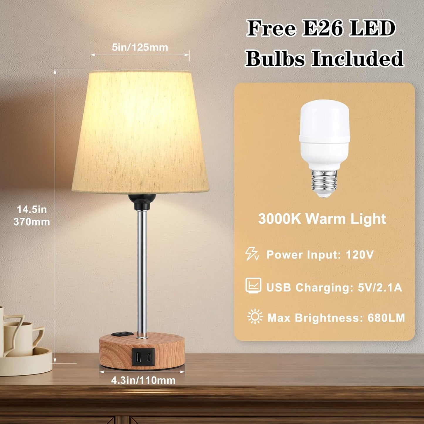 Set of 2 Mini Bedside Lamps with USB-C & AC Outlet - Dimmable Touch Nightstand Lights for Bedrooms