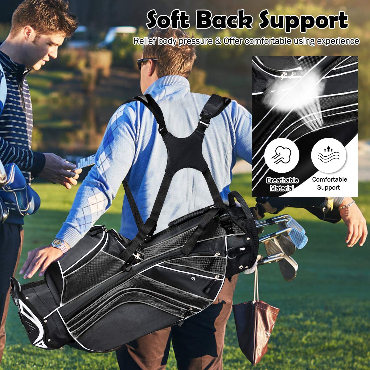 Renatone Golf Stand Bag, Lightweight Organized Golf Bag w/ 6 Way Dividers, 7 Pockets & Padded Dual Straps, Easy to Carry Golf Club Bag for Men & Woman (Black)