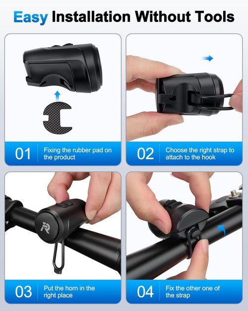 EQIIO Electric Bike Horn 125dB, USB Rechargeable Bicycle Horn Fits 22.2-31.8mm Handlebars, IPX5 Waterproof Bike Bell for Adults/Kids Bike, Scooter, Ebike, Easy Install & Compact Design