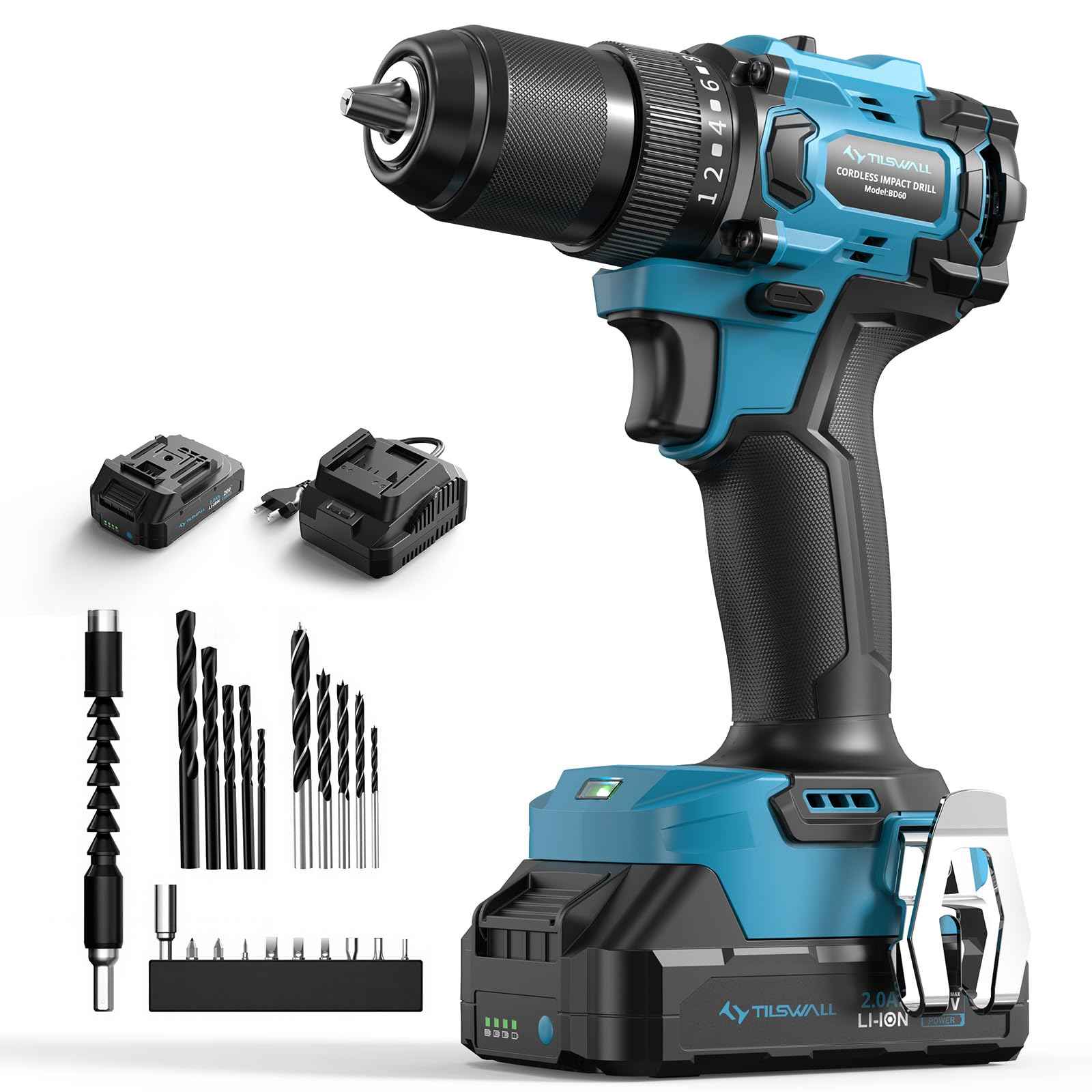 Tilswall 20V Cordless Drill, Power Drill with 65N.m High Torque, 18+1 Torque Settings, 1/2-Inch Keyless Chuck, Two Variable Speed, Battery and Charger, with LED for Craftsmen DIY