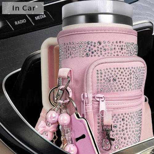 Water Bottle Carrier Bag for Stanley 30&40oz Tumbler - Stanley Cup Belt Bag with Adjustable Strap, Straw Cover & Pearl Bracelet - Thanksgiving Day and Christmas Day Gifts (Pink Diamond With Pocket)