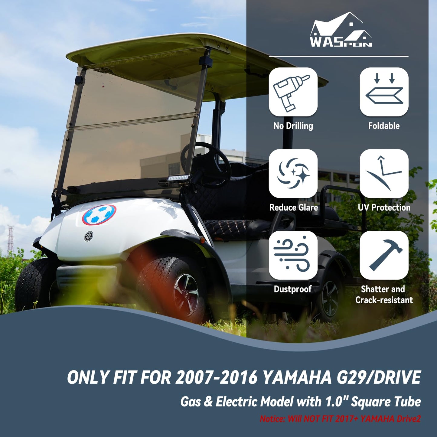 Golf Cart Windshield For Yamaha G29/Drive 2007-2016, 3/16" (5MM) Thicken Foldable, Tinted UV Protection and Impact Resistant Acrylic - Tinted