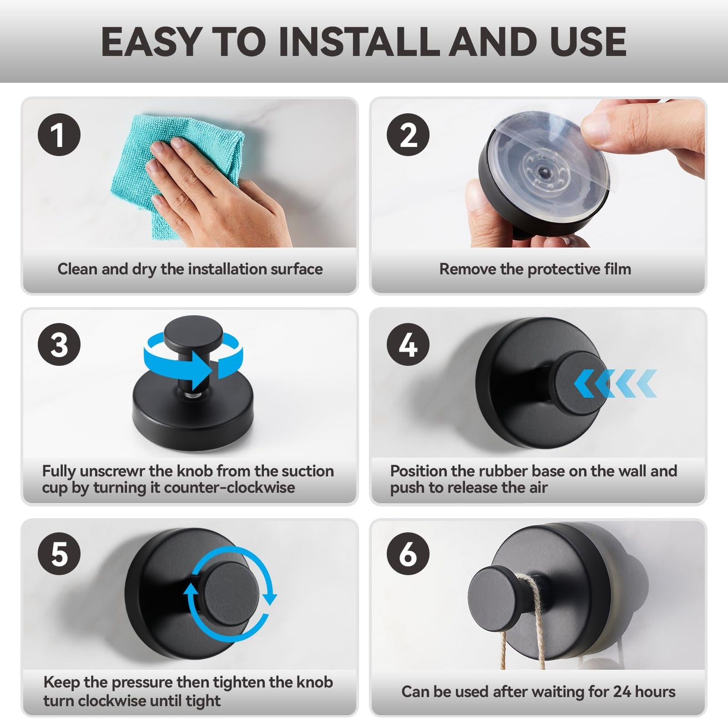 4 PCS Suction Cup Hooks for Shower, Stainless Steel No Drill Towel Hooks, Reusable Sticky Silicone Base for Bathroom Wall, Glass, Mirror, Tile to Hang Loofahs, Robes (Matt Black)