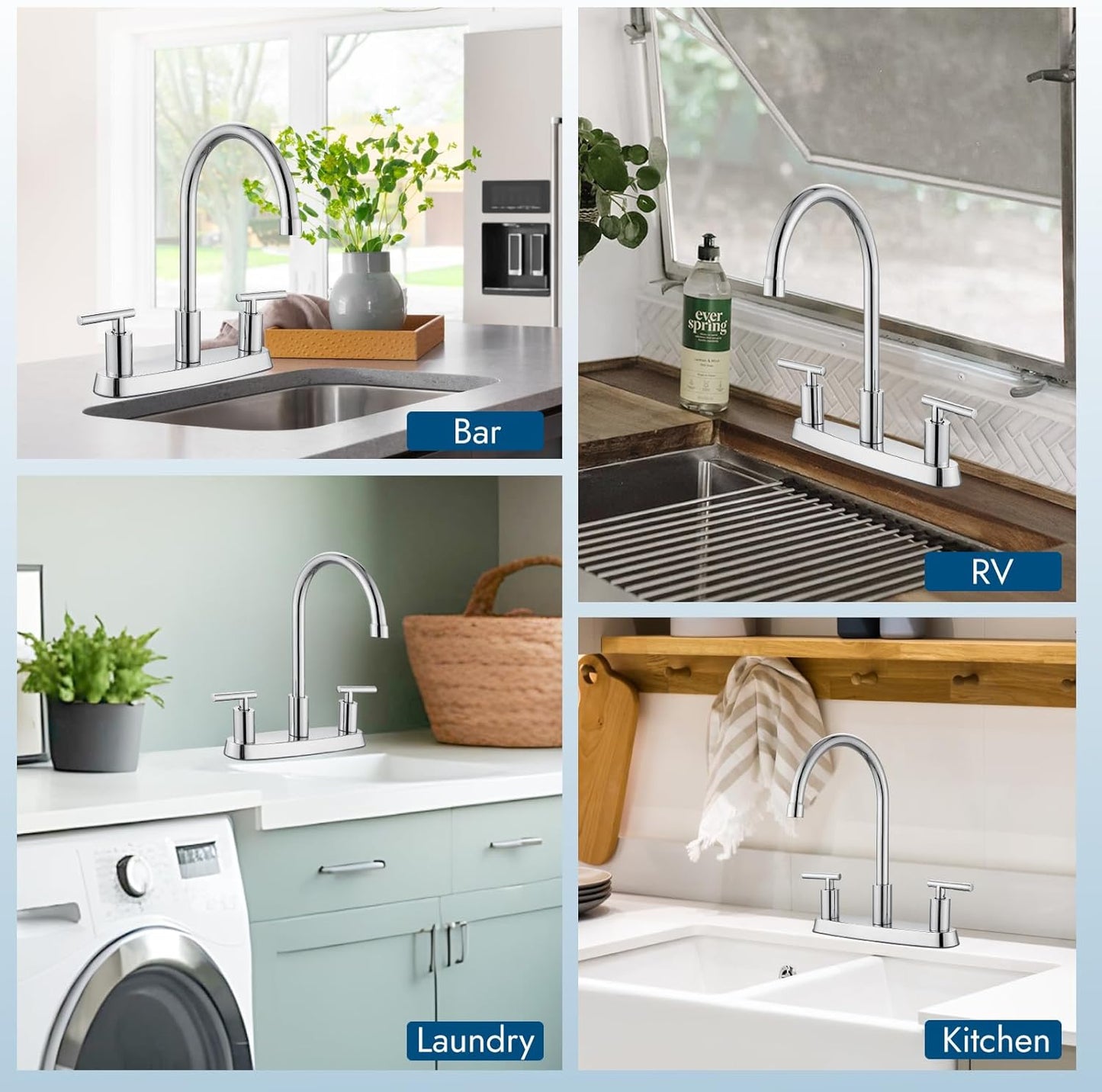 Brushed Nickel Kitchen Faucet with 360° Rotating Spout & Side Sprayer - 2 Handle, 8 Inch Centerset
