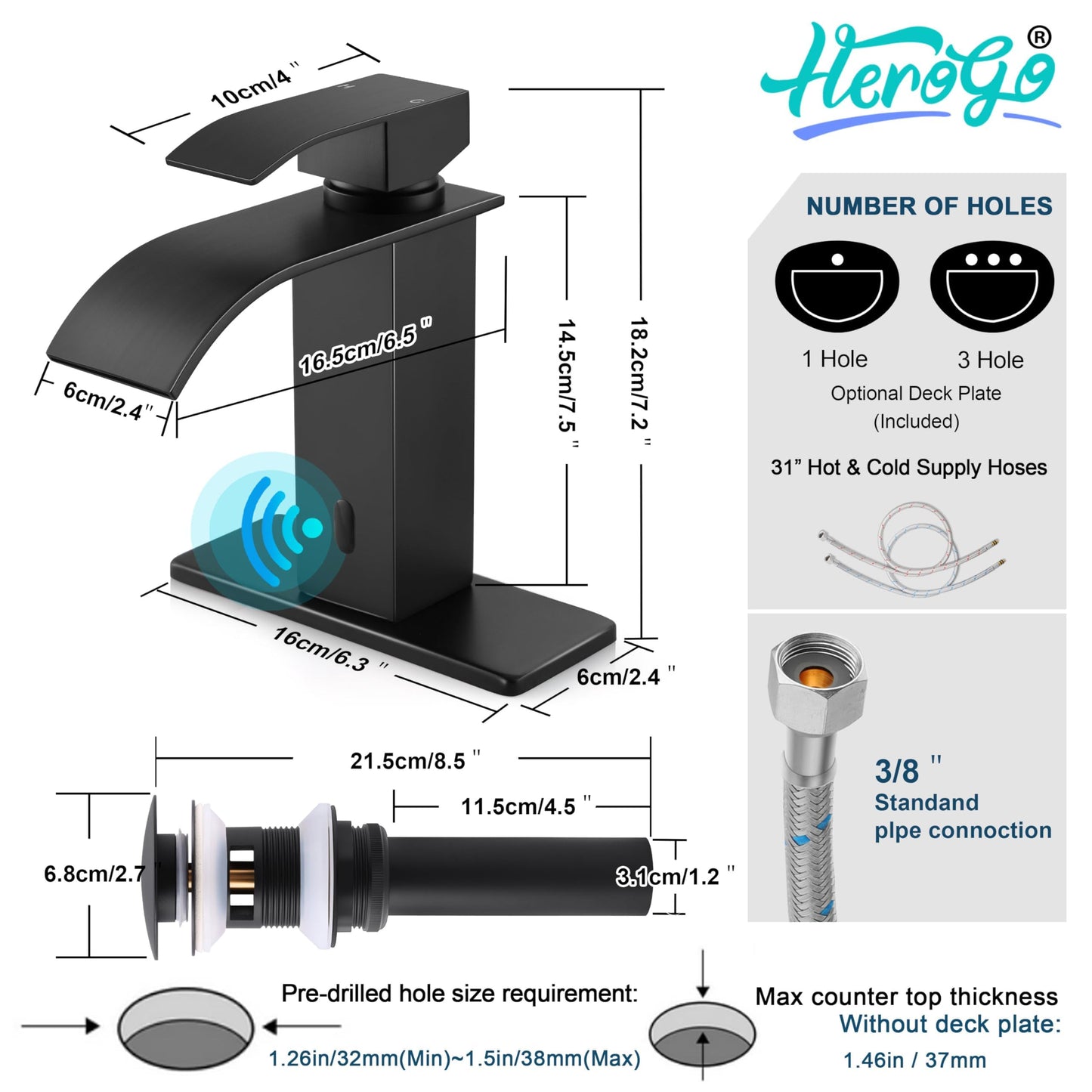 Touchless Bathroom Sink Faucet, Herogo Automatic Sensor Matte Black Waterfall Stainless Steel Bathroom Faucet with Brass Pop Up Drain for Vanity RV Lavatory Farmhouse