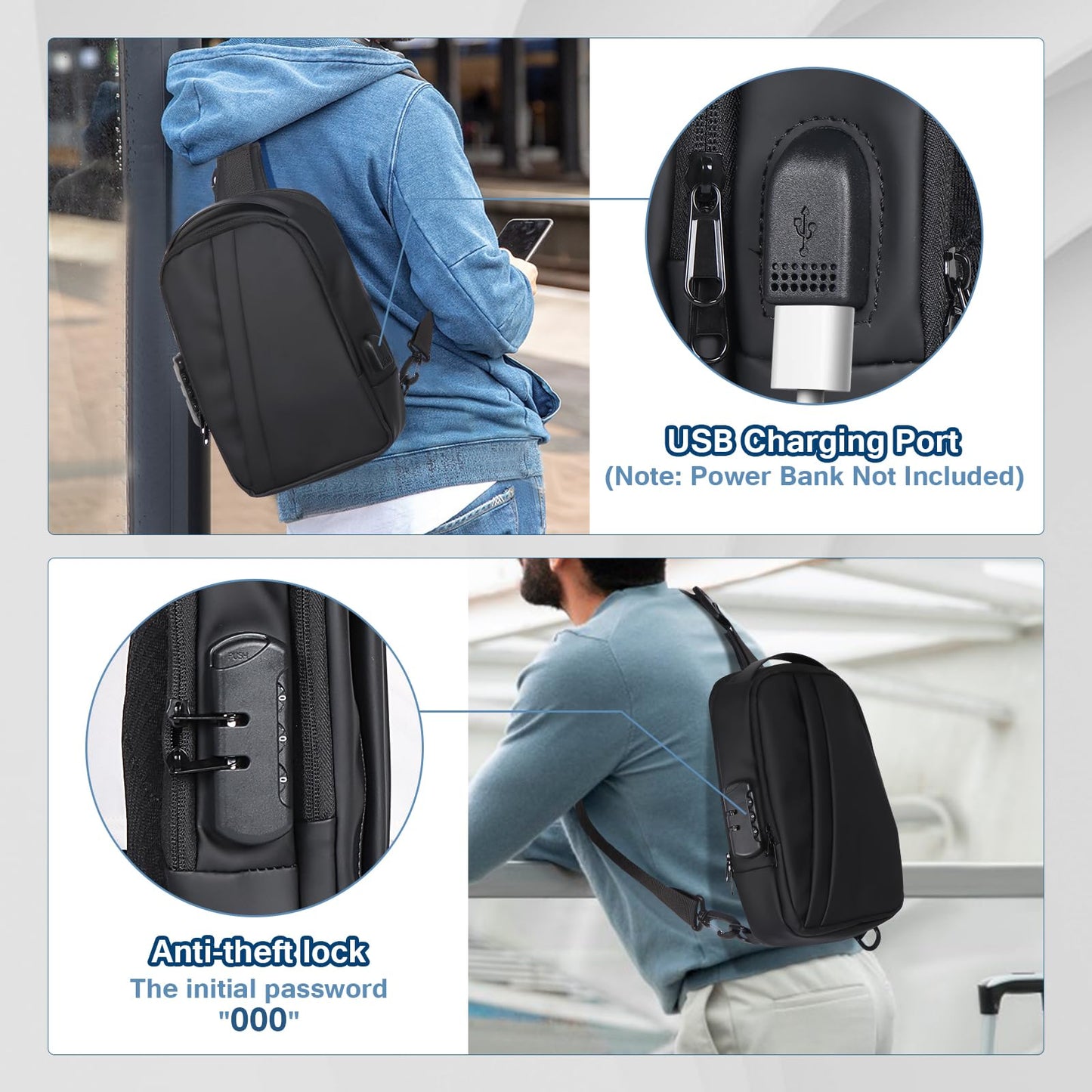 Geestock Anti-Theft Crossbody Sling Bag for Men with USB Port, Small Men's Crossbody Sling Bag PU Leather Chest Bag Shoulder Pack for Travel, Hiking, Work & Daily Use, Black