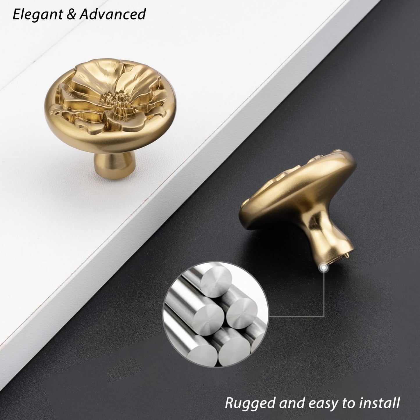 Rergy 2 Pack Cabinet Knobs for Drawer Dresser Closet, Flower Shape Lemen Gold Drawer Knobs, Brushed Brass Cabinet Hardware, Pulls Handles Single Hole