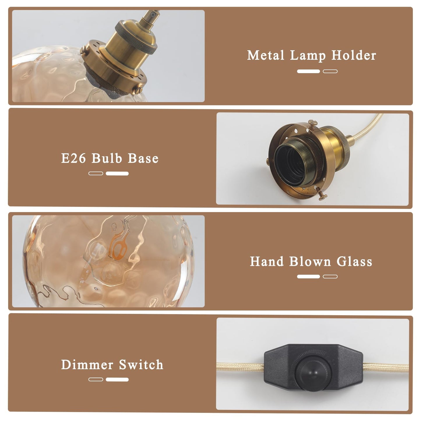 ETONIMERR Plug in Pendant Light, Amber Brown Glass Chandelier Hanging Light Fixture for Dining Room, Outdoor Pendant light with 15ft Cord and Dimmable Switch for Porch Gazebo Kitchen Island Livingroom