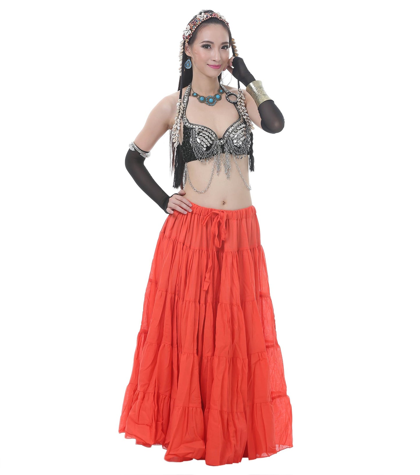 Astage Woman Belly Dance Full Circle Maxi Trible Skirts Linen Bohe Dress Orange