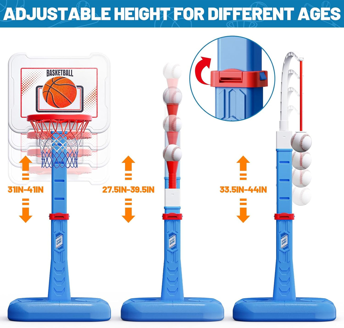 Skiennix 3 in 1 Kids Basketball Hoop & T-Ball Set - Adjustable Height Sports Toys for Ages 3-5 | Blue